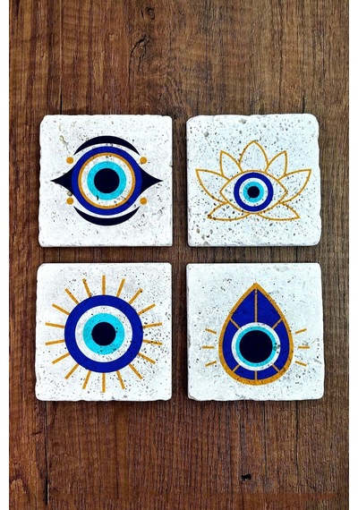 Doğal Taş Bardak Altlığı 4'lü Set 10x10x1 Cm Nazar Boncuğu Desenli Bardak Altlığı 354 Çok Renkli