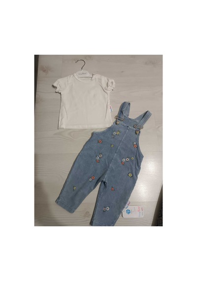 Baby Buu Çiçek Nakışlı Kot Salopet 2 Li Bebek Takım Beyaz Beyaz