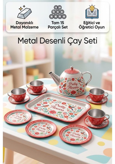 Çiçek Desenli 15 Parça Metal Çay Seti 4 Kişilik Eğitici Ve Eğlenceli Evcilik Oyuncak Seti 1
