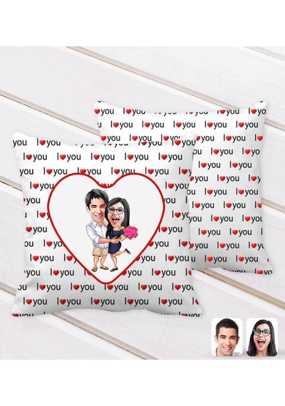 Kişiye Özel Sevgililer Karikatürlü I Love You Kalp Desenli Dekora (529484604)