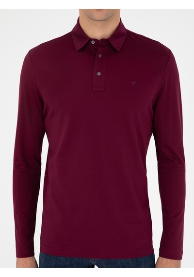 Bordo Regular Fit %100 Pamuk Polo Yaka Sweatshirt Kırmızı
