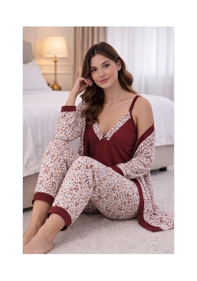 Pemilo Kadın 4053 3'lü Viscon Sabahlık Pijama Takımı Bordo