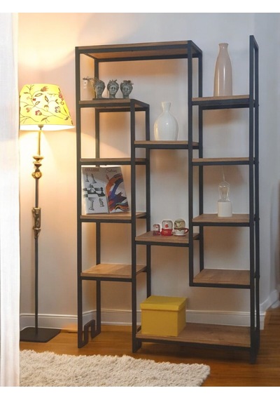 Çam Rengi Ahşap Raflı Metal Kitaplık 12 Raflı Ünite