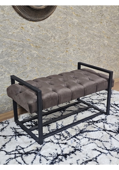 Zafir Siyah Boyalı Metal 80 Cm Puf Bench - Antre Puf - Hol Bench - Puf - Oturak - Bench Kahverengi