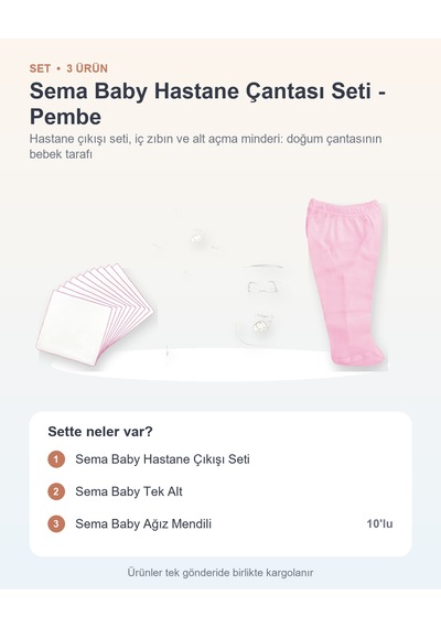 Sema Baby Hastane Çantası Seti 3 Parça: Hastane Çıkışı Seti + Tek Alt + Ağız Mendili - Pembe