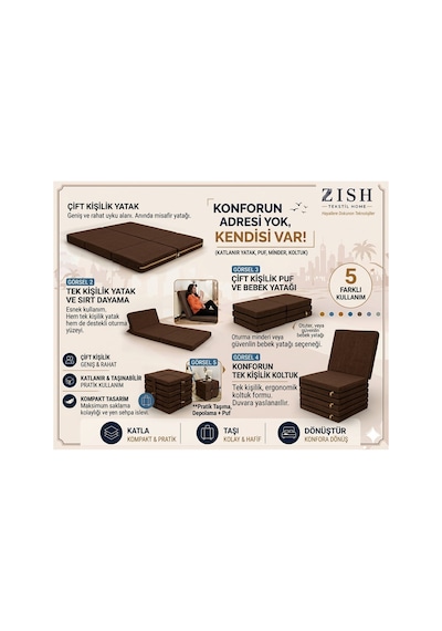 Zishome Çift Kişilik Multipurpose 5 İn 1 Antrasit Çift Kişilik Katlanır Süngerli Misafir Yer Yatağı Ve Balkon Minderi 7cm