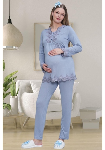 Mecit Pijama Mecit 1501 Bayan Hamile Lohusa Mavi Uzun Kollu Pijama Takımı