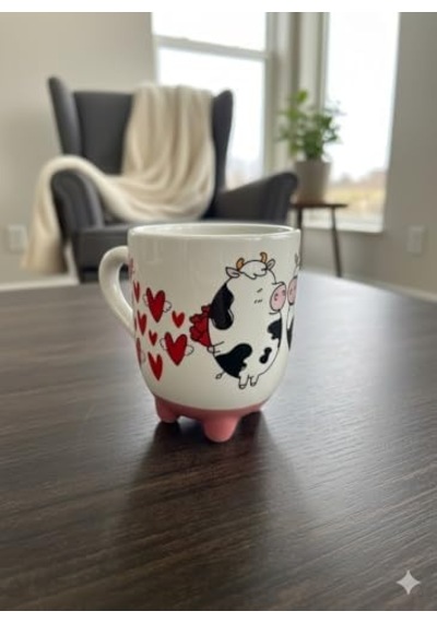 İnek Kupa 07 El Yapımı 3d Krem Parlak Kupa - El Yapımı Seramik Kupa Açık Ahşap