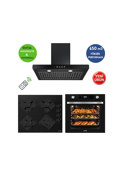 Alveus AFM Serisi Rm6 Siyah Cam Turbo + Soğutma Dijital Dokunmatik 3'Lü Ankastre Set Fırın + Ocak + Davlumbaz