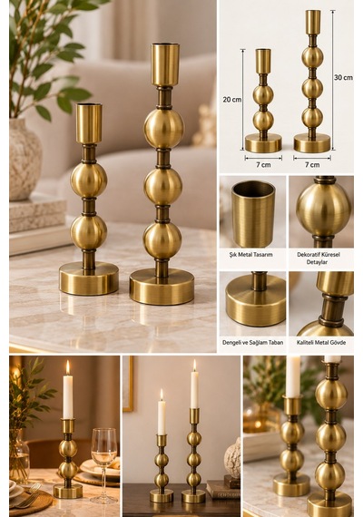 Gold Metal Şamdan Seti 2'li Küre Detaylı Dekoratif Mumluk Modern Lüks Ev Dekorasyonu