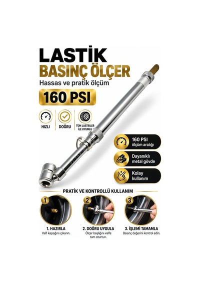 Lastik Basınç Ölçer 160 Psı Metal Gövde Hassas Hava Basınç Ölçüm