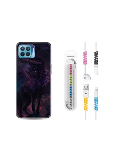 Oppo Reno 4 Lite Kılıf Kablo Koruyuculu Black Purple Wolf 1791