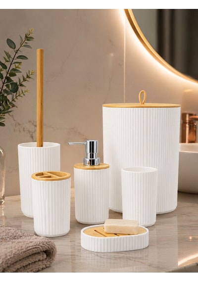 6 Lı Banyo Seti Sabunluk Diş Fırçalık Sıvı Sabunluk Çöp Kovası Tuvalet Fırçası Organizer Beyaz