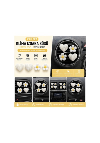 Beyaz Kalp & Çiçek Araç Klima Izgara Süsü 4 Lü Set Dekoratif Oto Aksesuar