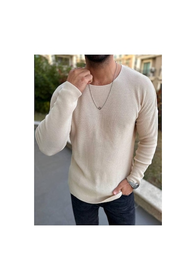Elku Moda Kazak Oversize Örme Natural Pamuk Tüylenmeyen Kazak Salaş Tarz Triko Sweatshirt Dökümlü Model Açık Bej