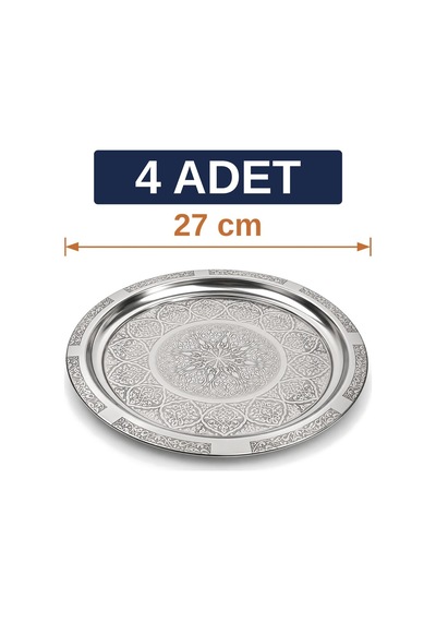 Binbir Trend 27 Cm Otantik Desenli Krom Çelik Kebap, Izgara, Meze Ve Servis Tabağı 4 Adet