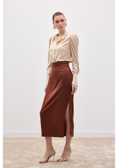 Sateen Bel Pile Detaylı Saten Etek - Kahve-136548 Kahve