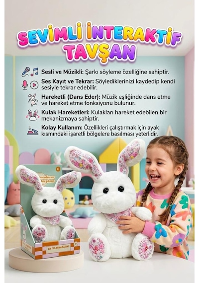 Tatlı Arkadaşım Tavşan Müzikli Sesli Ses Kaydı Ve Ses Tekrarı Yapan Hareketli Kulaklı Oyuncak Peluş Beyaz