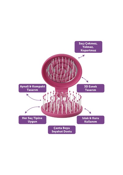 Beauty Makaron Saç Fırçası - 3d Esnek, Aynalı, Çanta Boy - Compact Detangler Fuşya