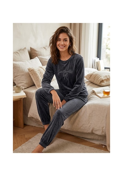 Kadın Uzun Kollu Manşetli Likralı Soft Kadife Pijama Takımı Antrasit