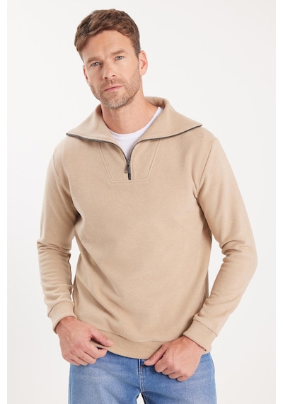 Tudors Unisex Relax Fit Rahat Kesim Fitilli Desenli Pamuklu Yarım Fermuarlı Bej Dik Yaka Sweatshirt-38228 Tudors Unisex Relax Fit Rahat Kesim Fitilli Desenli Pamuklu Yarım Fermuarlı Bej Dik Yaka Sweatshirt-38228