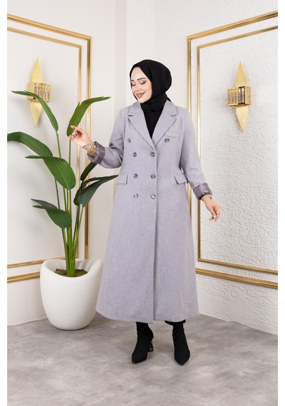 Hb Harma Time Butik Kadın Astarlı Düğmeli Cepli Uzun Gri Kaşe Kaban Açık Gri