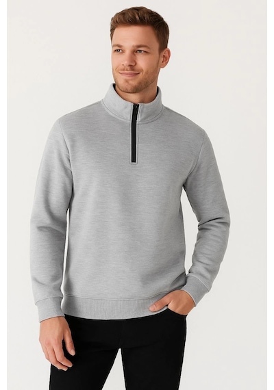 Novalisse Erkek Dik Yaka Yarım Fermuarlı 3 İplik Pamuklu Sweatshirt - Gri Çoklu Renk