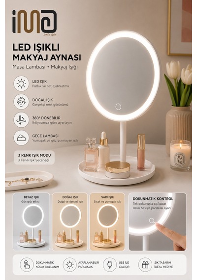Dokunmatik Led Işıklı Yuvarlar Masaüstü Makyaj Aynası Beyaz Renk -masa Lambası Makyaj Işığı Üç Farklı Renk - 908735560 Diğer