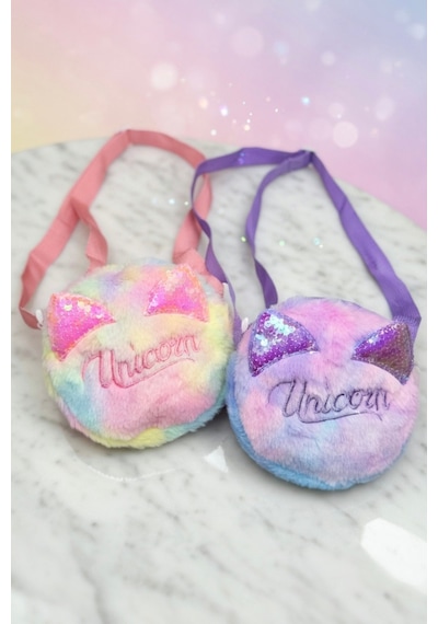 Mollycrush Hediye Kız Çocuk Unicorn Yazı Tasarımlı Peluş Çanta Ayarlanabilir Askılı Renk Geçişli Model Mor