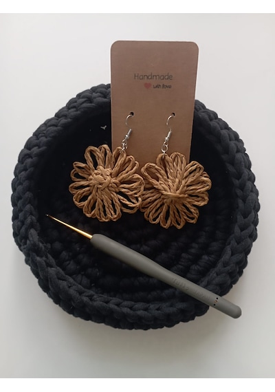 Ndk Craft El Yapımı Kağıt İp Naturel Sallantılı Çiçek Küpe Kahverengi