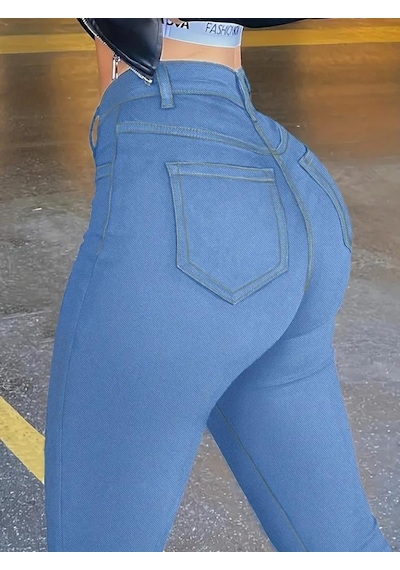 Kadın Yüksek Bel Önden Düğmeli Dar Kesim Kot Pantolon Mavi