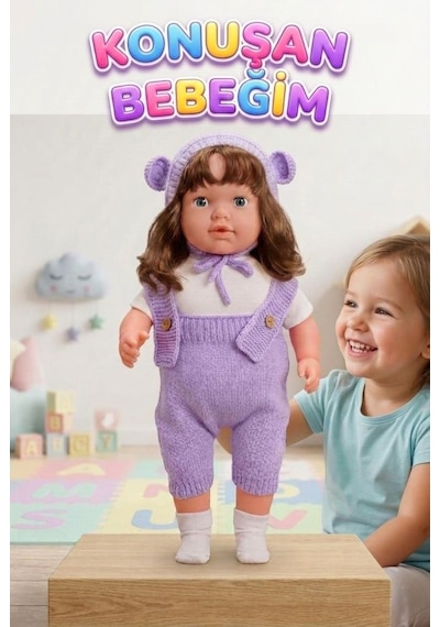 Konuşan Bebeğim 60 Cm Türkçe Konuşan Örgü Tulum Ve Şapkalı Kafası Bacakları Kolları Et Oyuncak Bebek 57014772