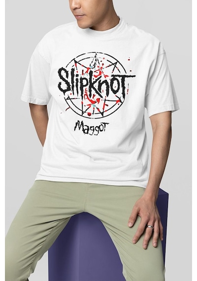 Slipknot Maggot Müzik Grubu Baskılı Unisex Oversize Tişört Beyaz