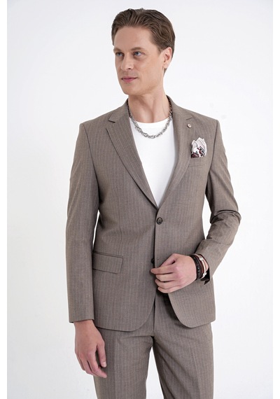 Efor Slim Fit Mono Yaka Esnek Yünlü Bej Çizgili Takım Elbise Tk 942