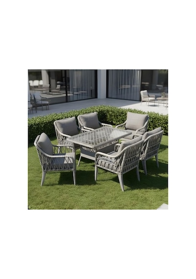 Dora Garden Home Defne 6 Kişilik Rattan Bahçe Balkon Mutfak Masa Takımı Açık Gri Siyah Çizgili