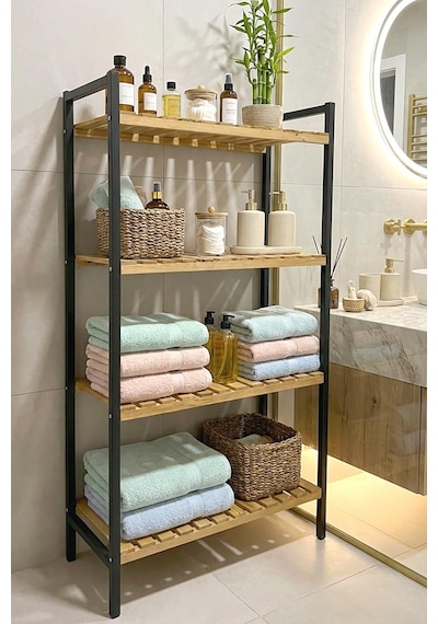 Exent, Dekoratif 4 Raflı Banyo Rafı, Banyo Organizer, Havluluk, Banyo Dolabı, Metal İskelet Ahşap