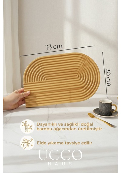 Doğal Bambu Sunumluk - 33x20x1,3cm Kahve, Tatlı, Peynir Oval Oluklu Servis Tabağı Tepsi Krem