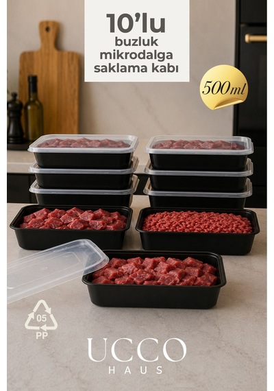500 Ml Kapaklı Buzluk Mikrodalga Saklama Kabı - 10 Adet- Et, Kıyma, Yemek, Salata Buzdolabı Organizeri Siyah