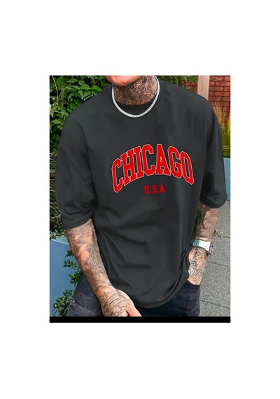 Medinenur Chicago Yazı Detaylıbasic T-sihrt Siyah