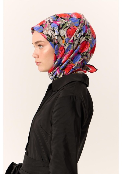 Silk Home Organik Pamuk İpek Eşarp Siyah-koyu Gri Mor Çiçek Desenli Tok Duruşlu 90x90 Çok Renkli