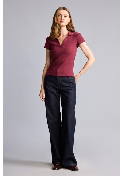 Defacto Slım Fıt Kaçık Yaka Basic Fitilli Kısa Kollu Bordo Polo Tişört G8735ax26spbr115 Bordo-br115