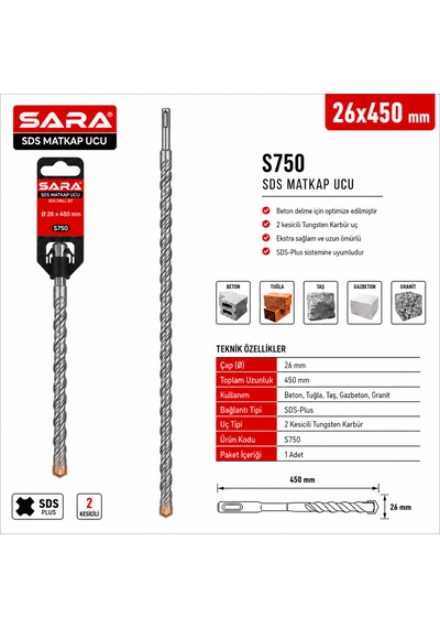 Sara S750 Sds Plus Matkap Ucu 26 X 450 Mm, 2 Kesicili Tungsten Karbür Uçlu