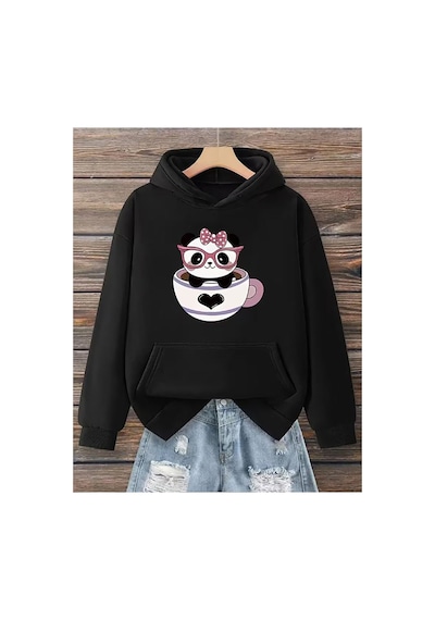 Herkesemoda Sevimli Panda Baskı Detaylı Kapüşonlu Sweatshırt Siyah