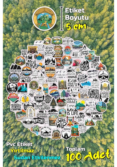 Kamp Temalı Camping Outdoor Adventure Sticker Seti Model-3 5cm - 100 Adet 5cm