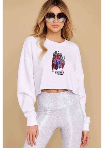 Stranger Things Robin Wapaper Baskılı Crop Kadın Beyaz Sweatshir