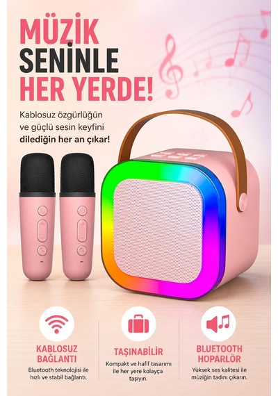 Coverzone Kablosuz Mikrofonlu Karaoke Makinesi Taşınabilir Bluetooth Hoparlör Seti Bas Tiz Ayarlı Retro Karaoke Hoparlör Yetişkinler Ve Çocuklar İçin Hafıza Kartı Ve Usb 10x10x6cm Çiftli K12 -pembe