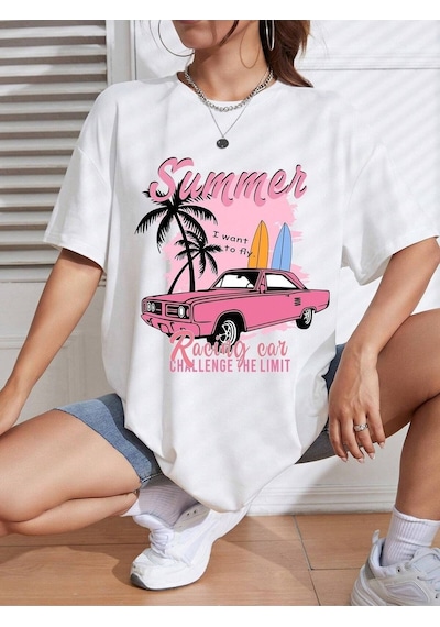Flood Of Style Kadın Beyaz Summer Racing Car Baskılı Oversize T-shirt