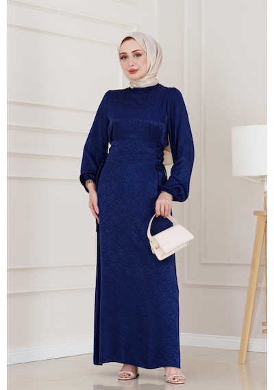 Banu Yanı Bağcıklı Saten Abiye-lacivert-4950