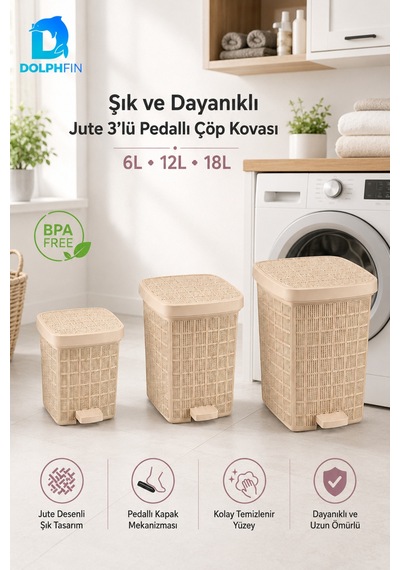 Jute 3 Lü Pedallı Çöp Kovası Seti 6 L + 12 L + 18 L Bej