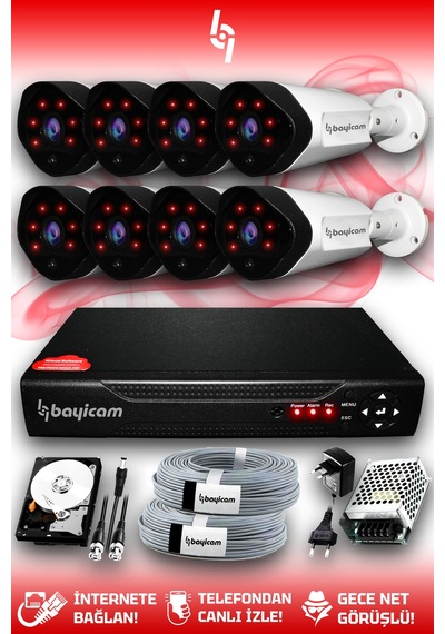 Bayicam 8 Kameralı Uzay 8 Dış Kamera Set 1 TB HDD Full HD Gece Görüşlü Güvenlik Kamerası Sistemi